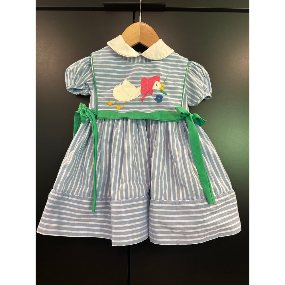 Vintage Jayne Copeland Girls Blue White Striped Dress Goose Pinafore Bib 2T